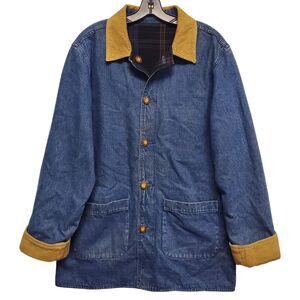 HENRY GEIST Jacket Mens Medium Denim Barn REVERSIBLE Plaid Wool Corduroy Collar